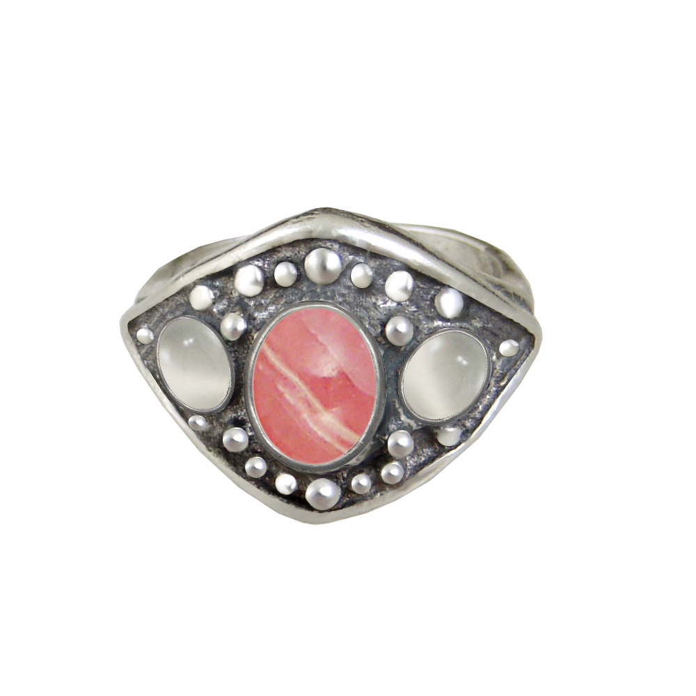 Sterling Silver Medieval Lady's Ring With Rhodocrosite And White Moonstone Size 10